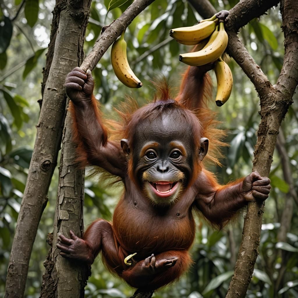 A baby orangutan hanging by one foot from a tree limb smiles...