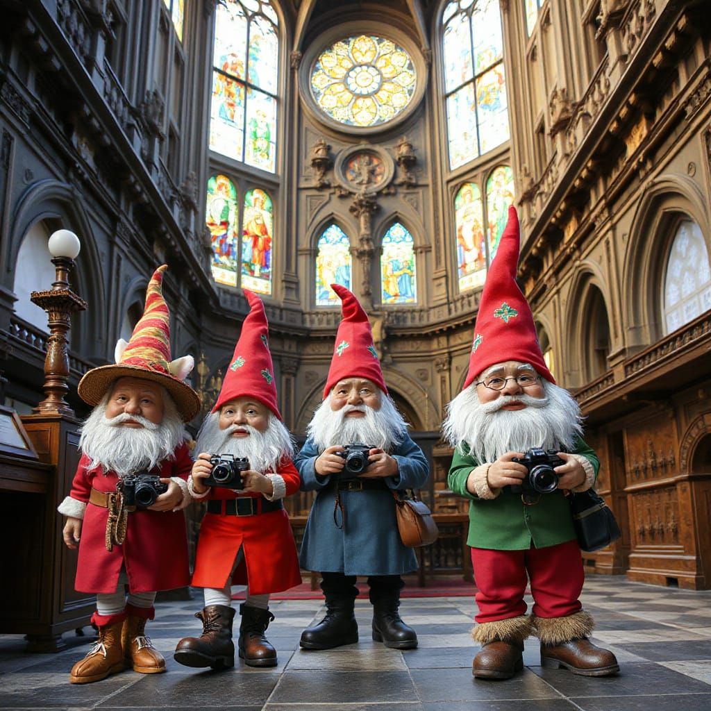 Gnomes Explore Notre-Dame Basilica: Whimsical Illustration