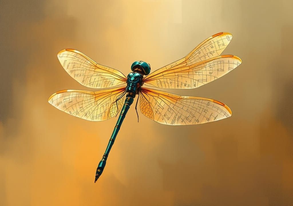 Dragonfly with Sheet Music Wings as Oil Painting