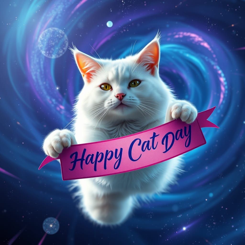 Majestic White Cat in Cosmic Splendor