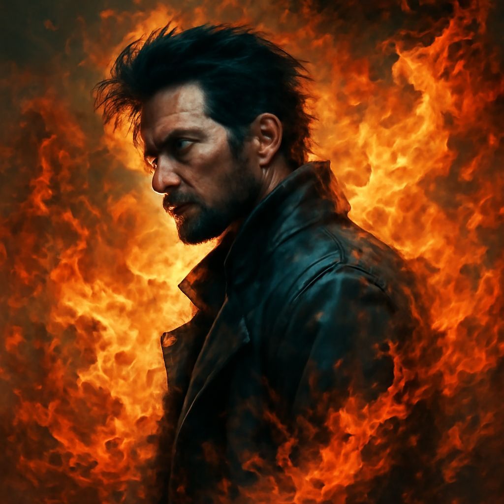 Man Surrounded by Fire: Hyperrealistic Splash Art