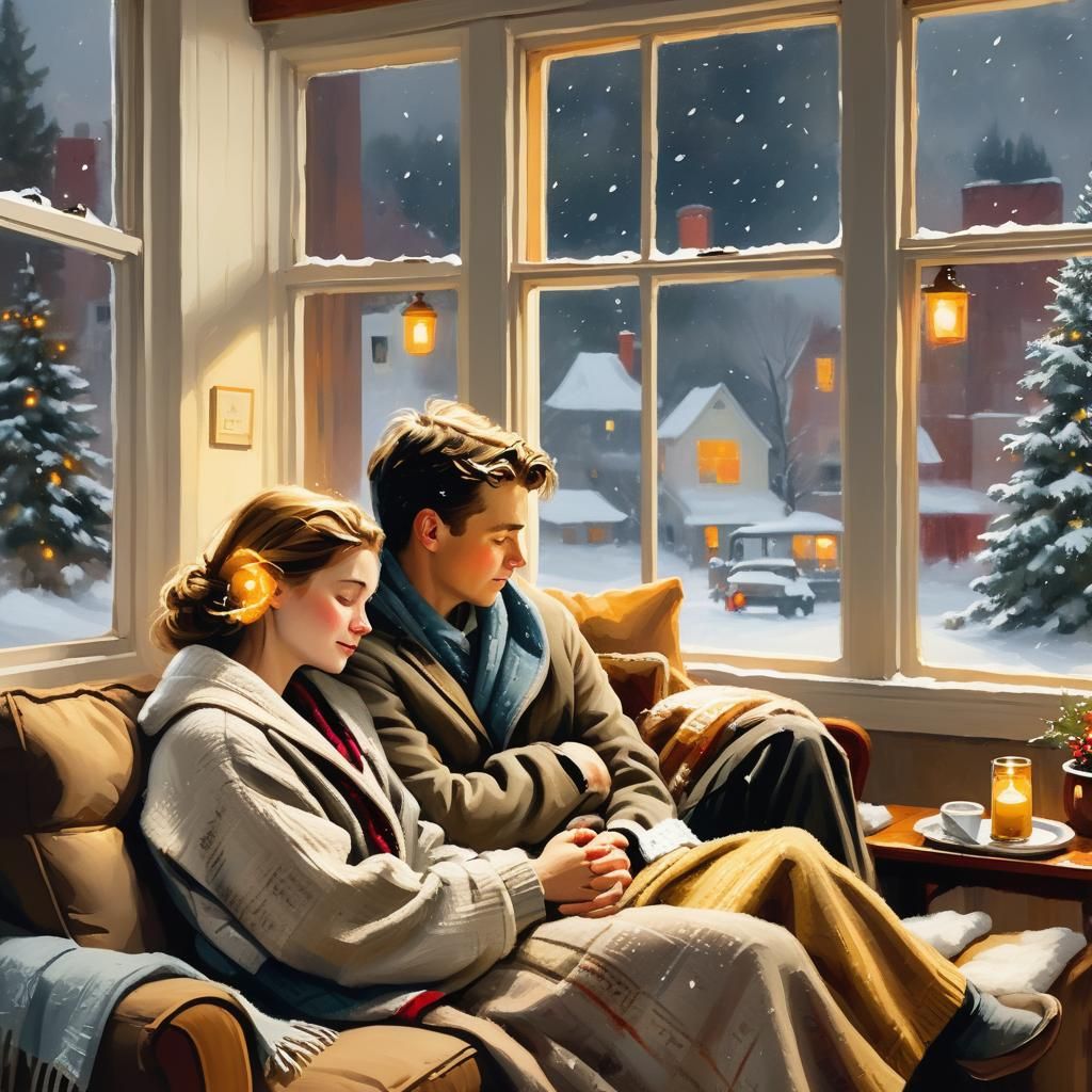 Cozy Couple Watching Snowfall as Oil Painting