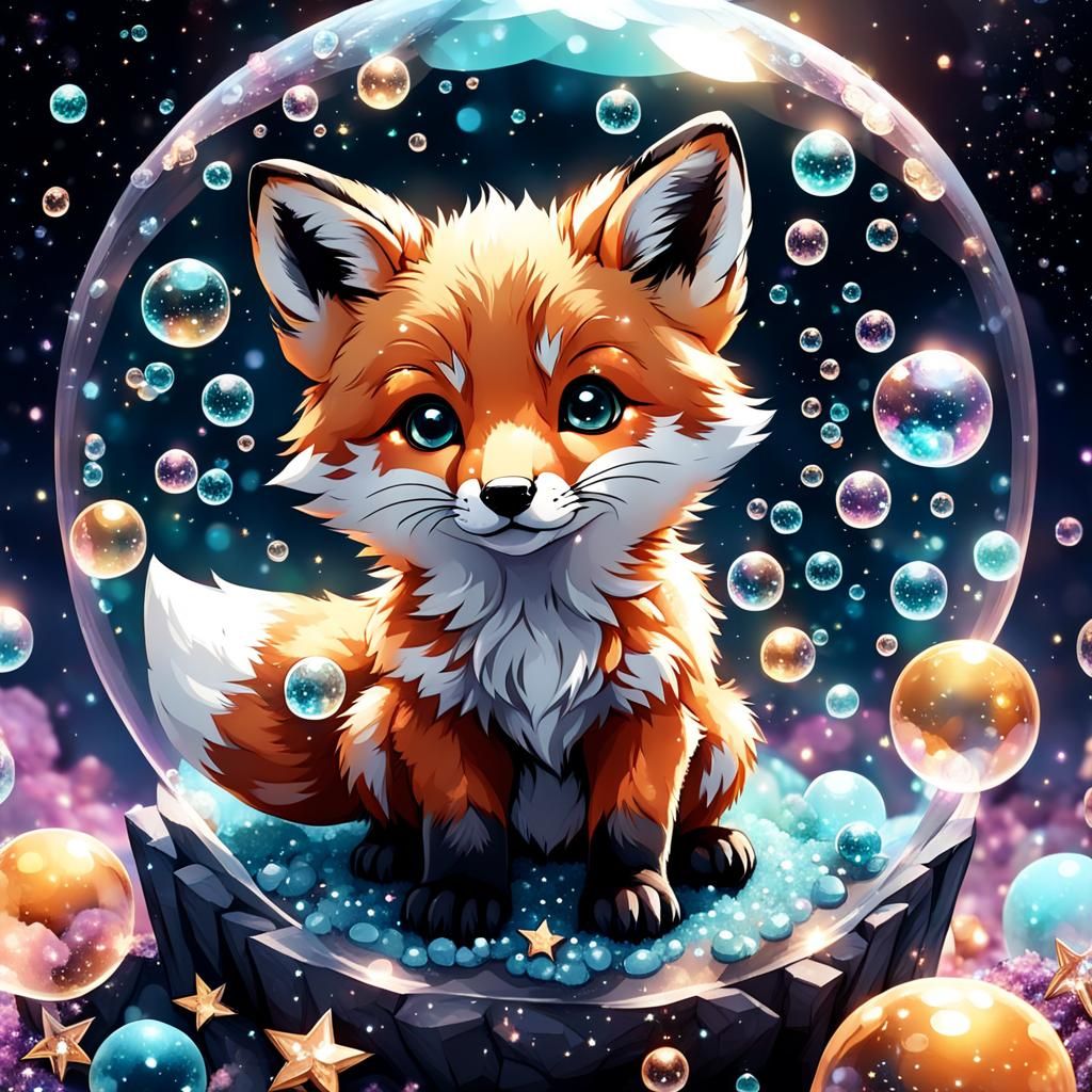 Cute Fox Pup in Metalcore Style with Bubbles