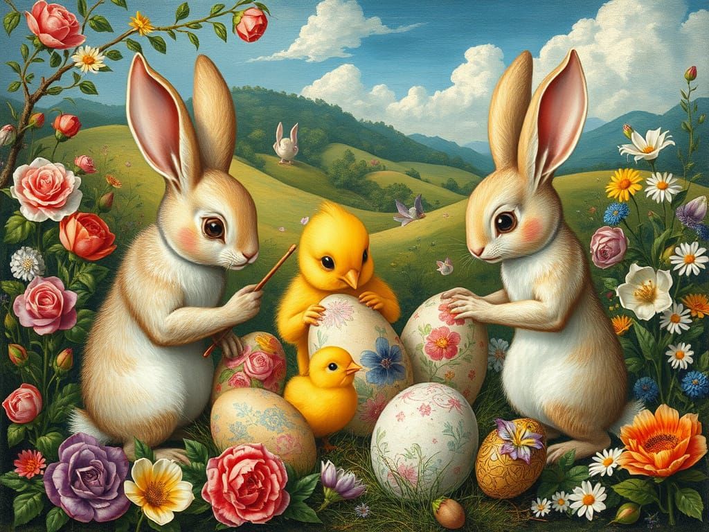 Whimsical Bunnies Painting Easter Eggs in Renaissance Style