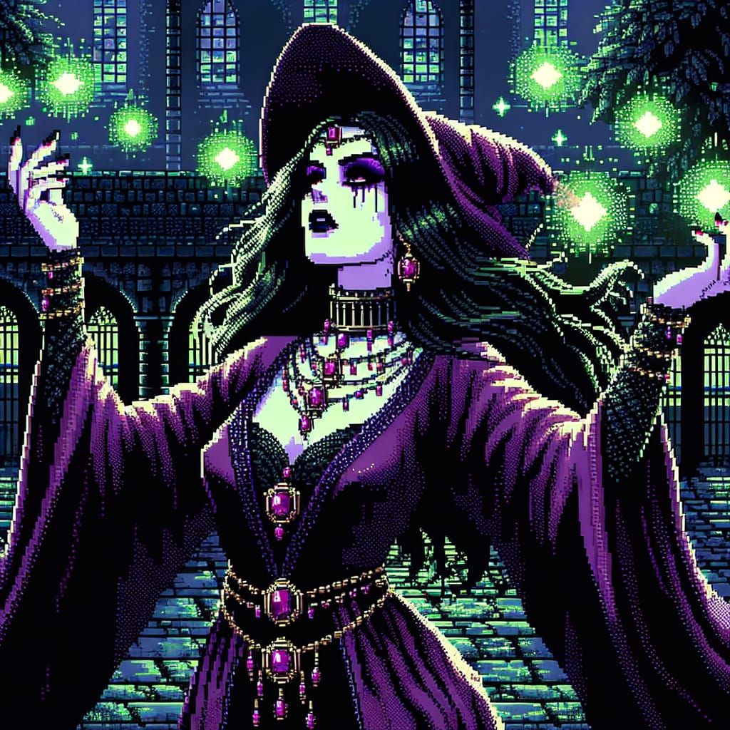 Dark Sorceress in Ancient Castle Courtyard Scene