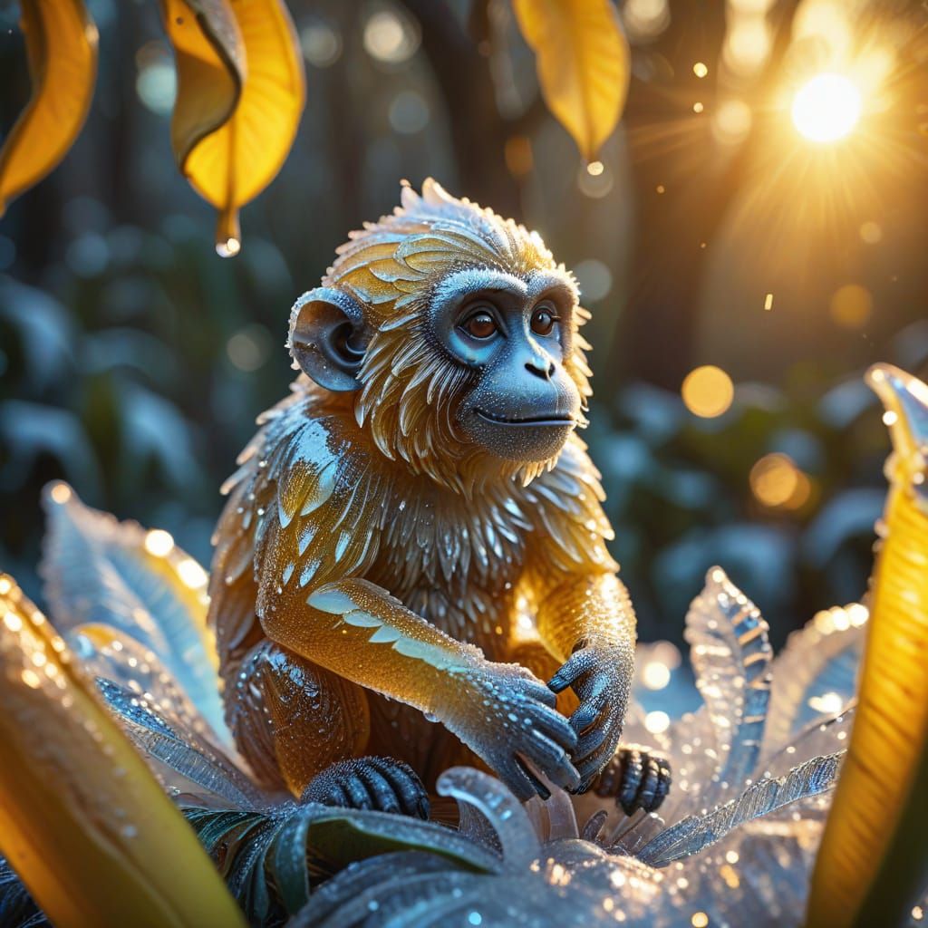 Whimsical Jungle Monkey in Icy Bananas at Sunset