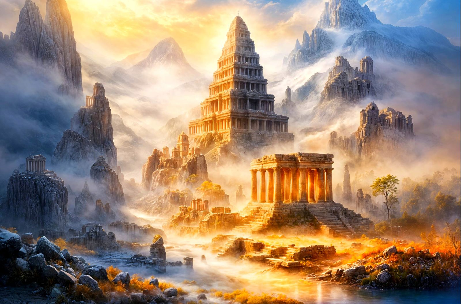 Misty Assyrian Temple Ruins in Epic Watercolour