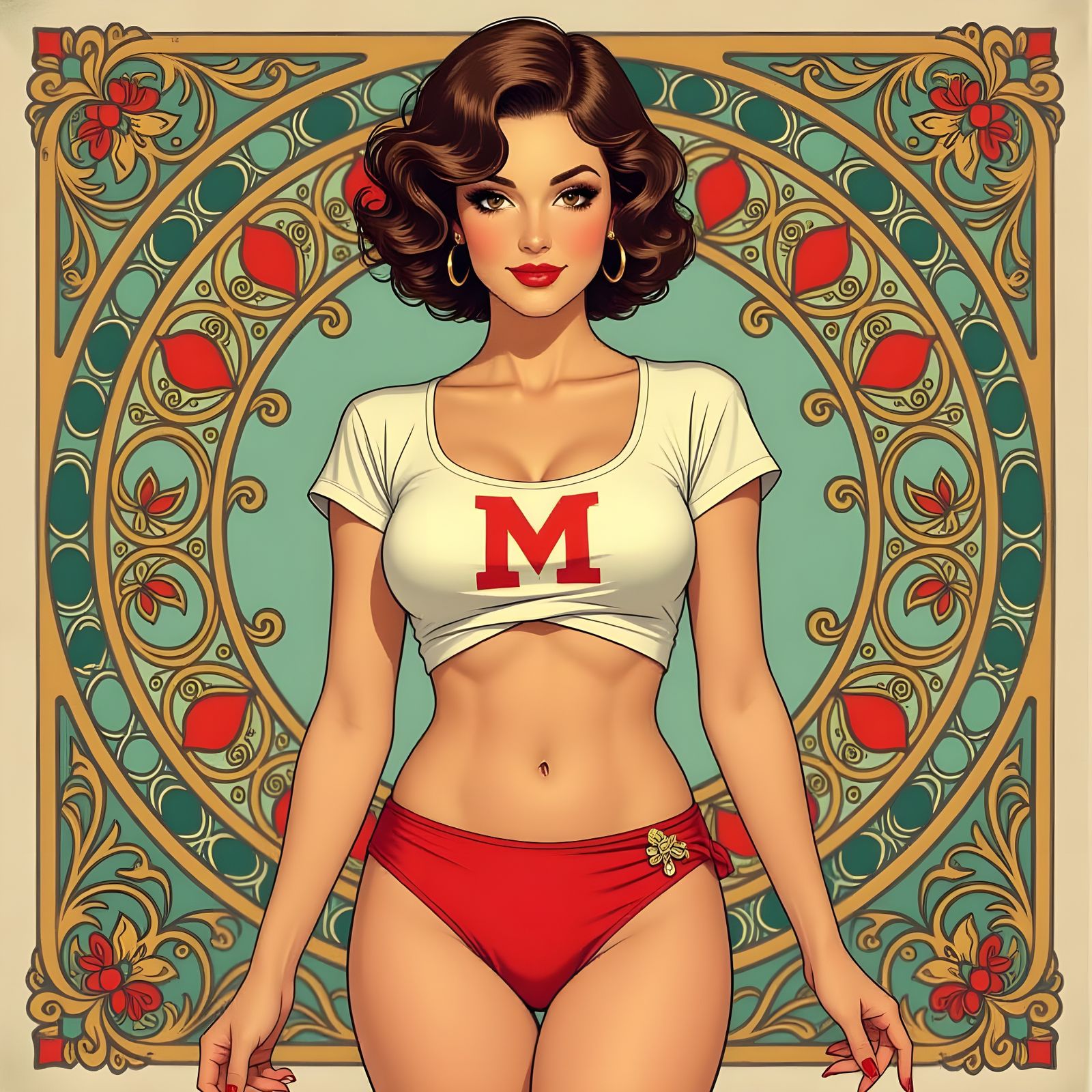 Woman in Pin-Up Style with Art Nouveau Background