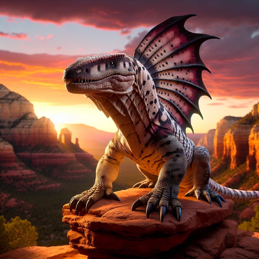 Dimetrodon Perched in Sedona Canyon at Sunset