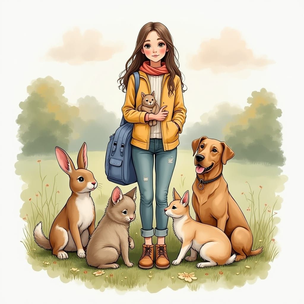 Young Girl Surrounded by Whimsical Pet Companions in Sunny M...