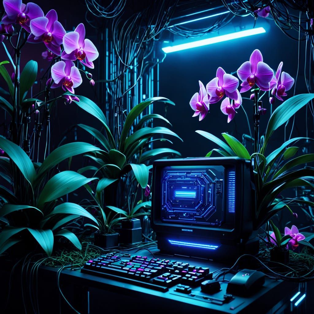 Cyberpunk Computer Intertwined with Orchids in Neon Noir