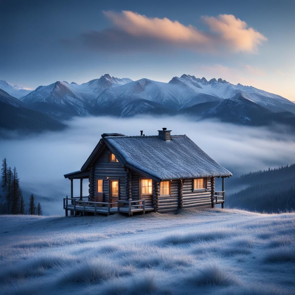 Lonely Cabin in Winter's Blue Hour: Ultra-Realistic Photo