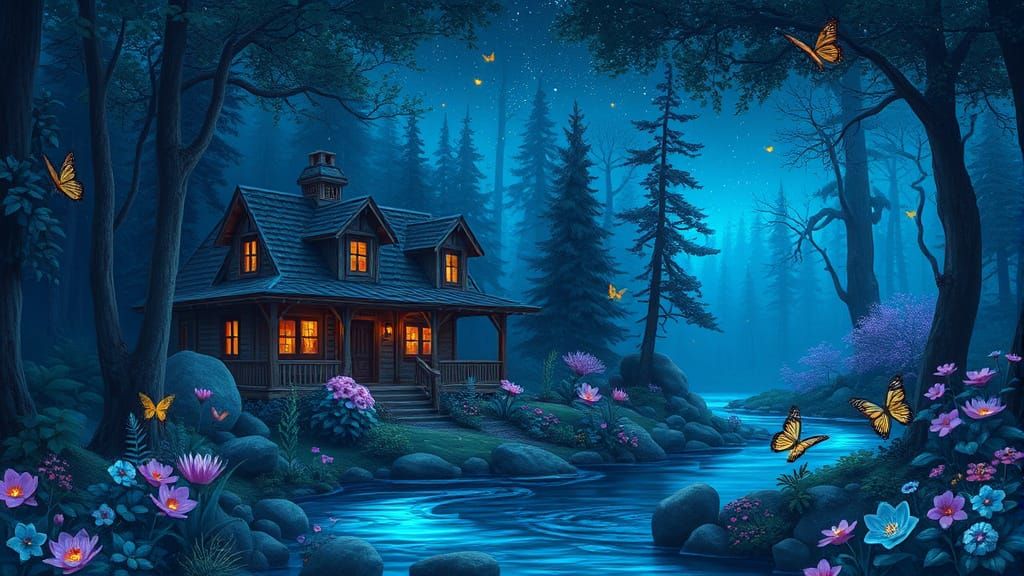 Mystical Forest Sanctuary in Soft Blue and Purple Hues