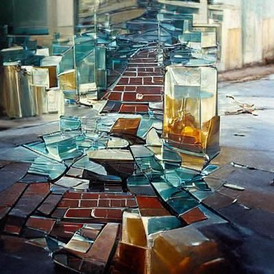 Street Maze of Broken Glass Walls: Oil Painting