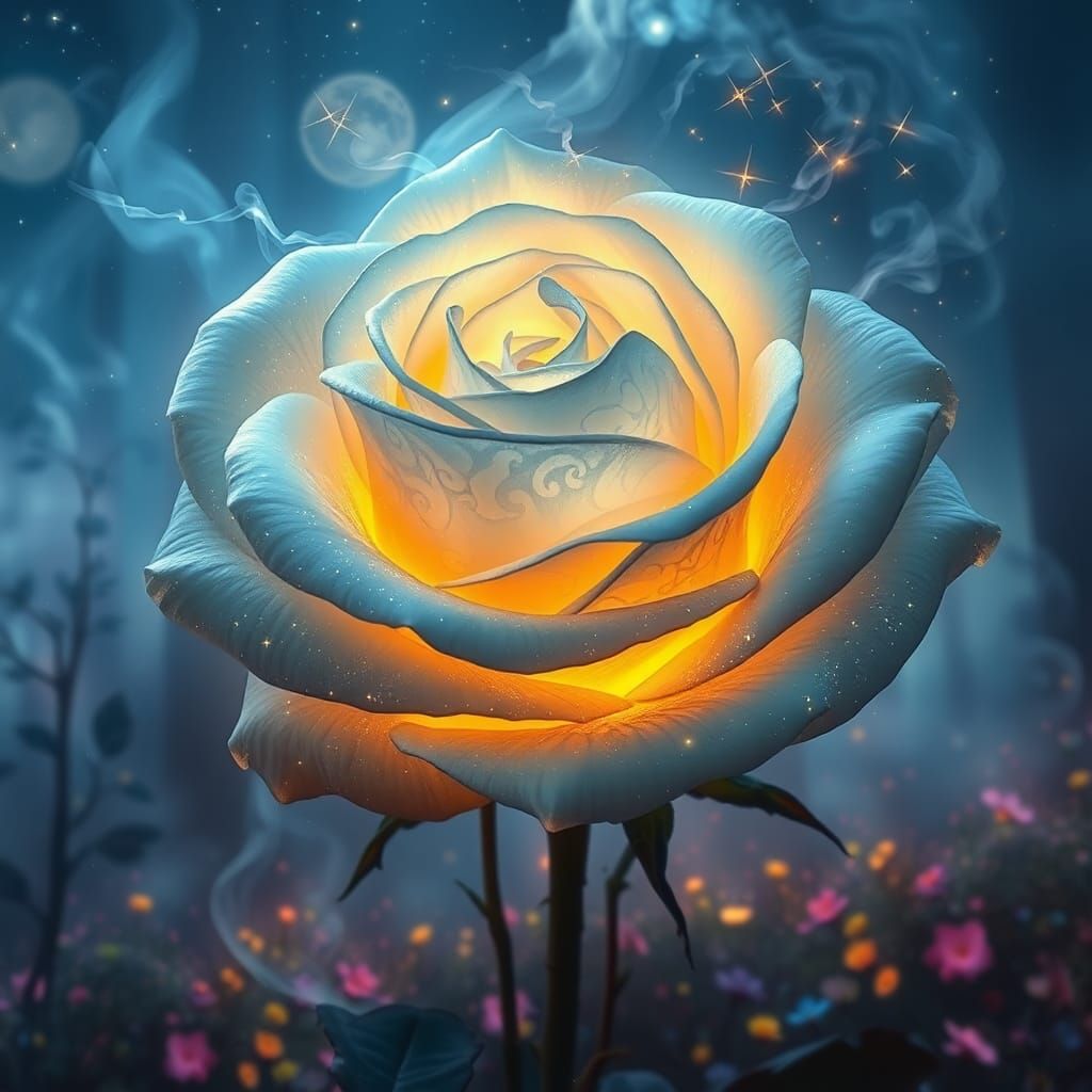Ethereal Stardust Rose in a Mystical Forest