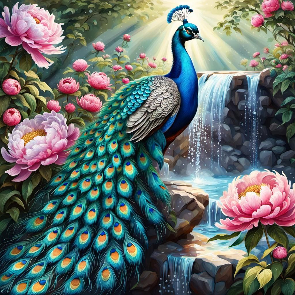 Photorealistic Peacock Spreading Feathers by Waterfall