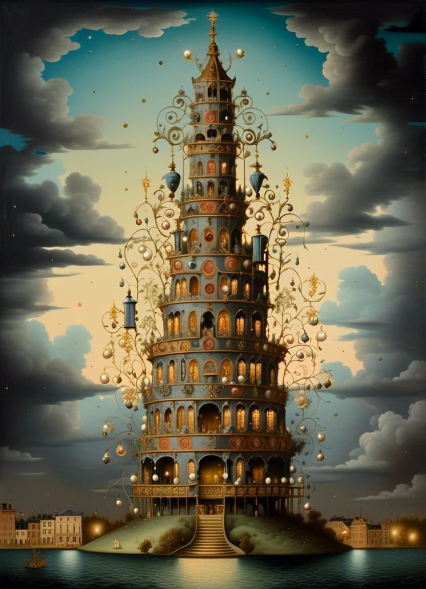 Babel Tower with Rococo Ornaments and Pearls