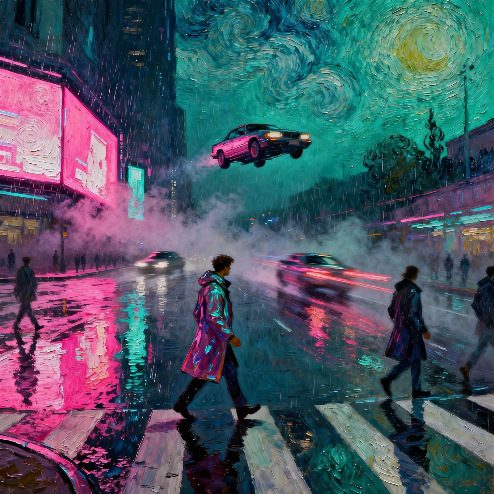 Cyberpunk City Street Drenched in Neon Light