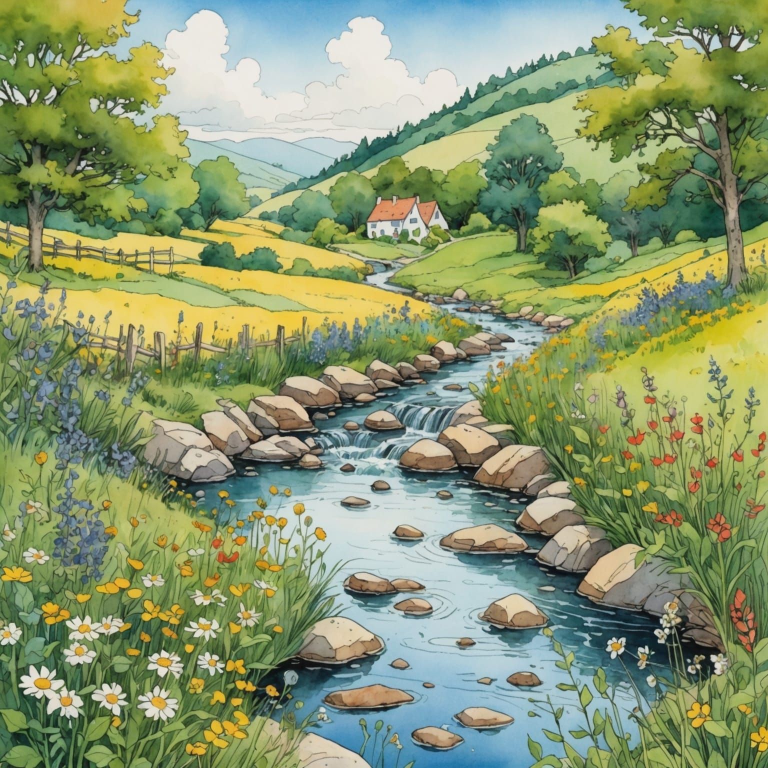 Wildflower Stream: Storybook Illustration in Anime Style