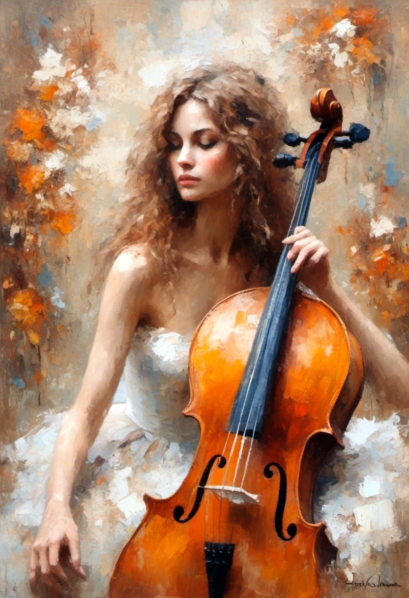 Impressionistic Ballerina with Cello in Warm Tones
