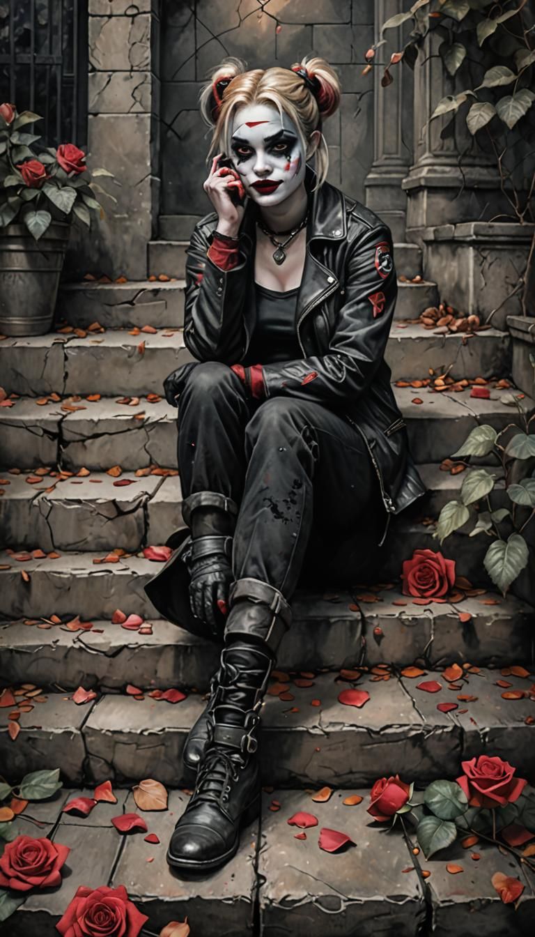 Harley Quinn in Noir Charcoal Crosshatching Style