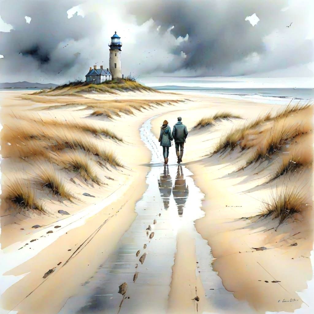Couple Walking on Dornoch Beach, Watercolour Painting