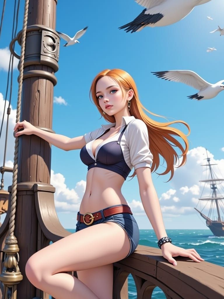 Confident Nami Pirate Leans on Ship Mast in Sunny Day Scene