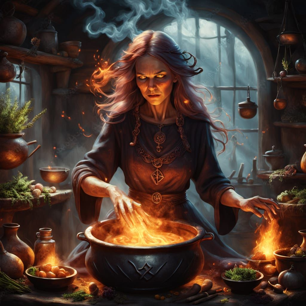 Witch Cooking with Glowing Runes in Rustic Kitchen