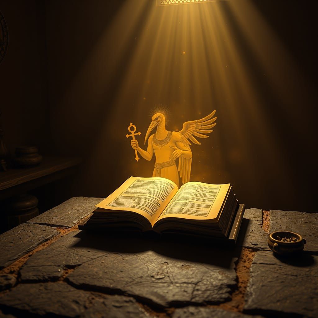 Ancient Library with Glowing Manuscript in Sepia Tones