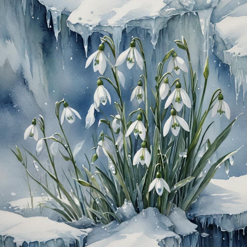 Delicate Snowdrops Frozen in an Icy Landscape