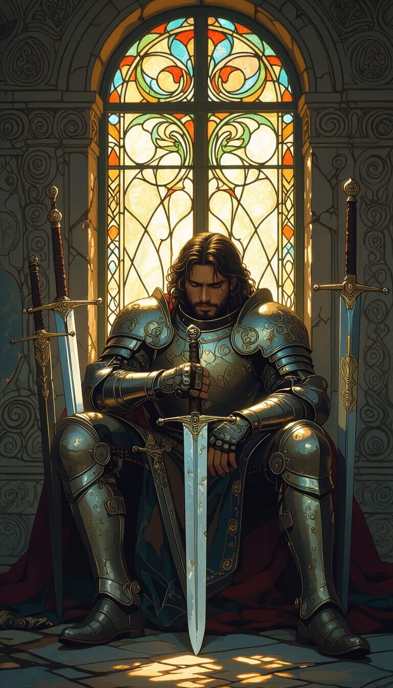 Medieval Warrior Resting in Art Nouveau Church