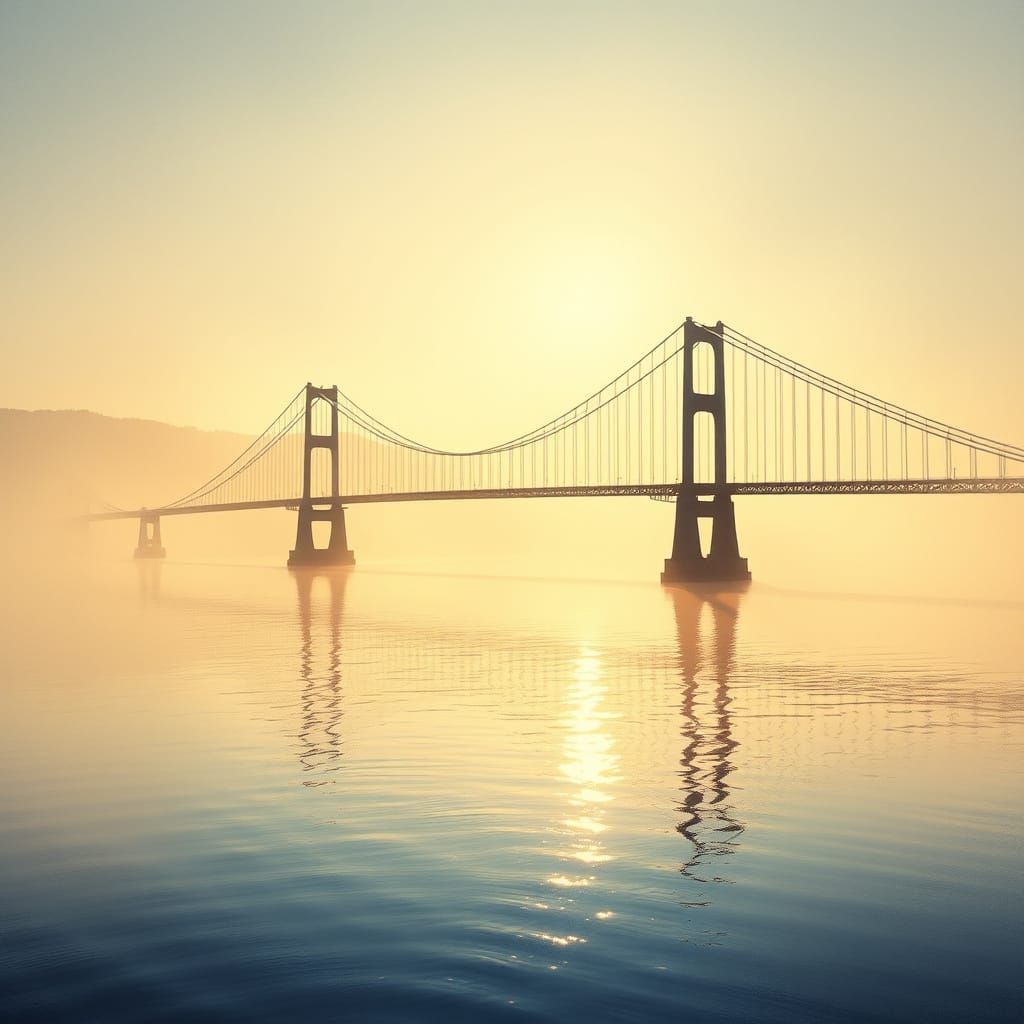 Dreamy Suspension Bridge Over a Misty Lake at Dawn