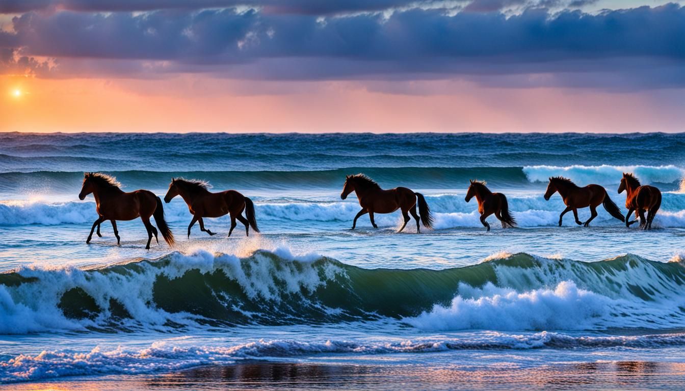 Wild Horses Gallop on Beach at Sunset