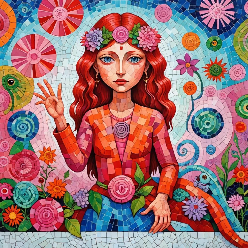 Surreal Mosaic with Lizards, Aliens, and Peace Symbols