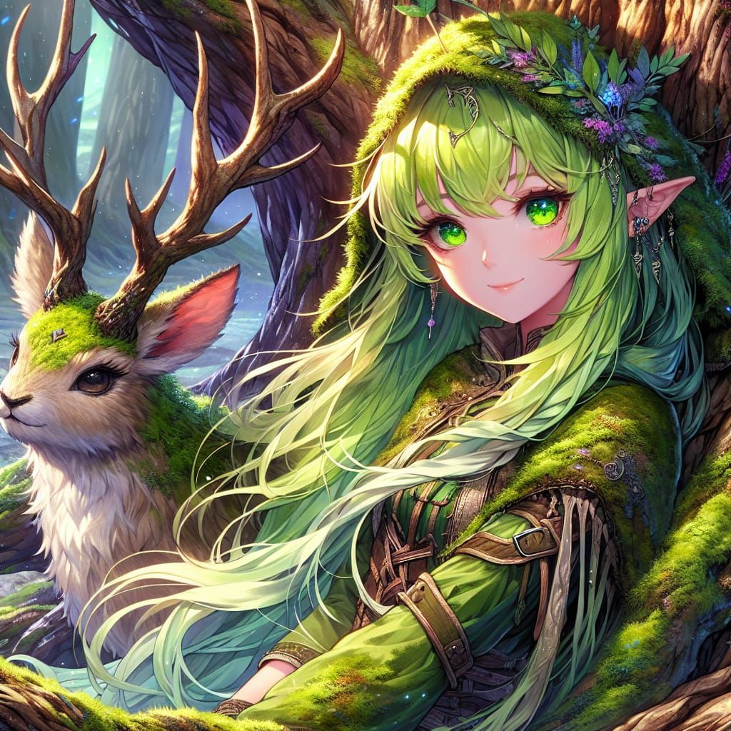 Anime Druid with Jackalope in Fantasy Art Style