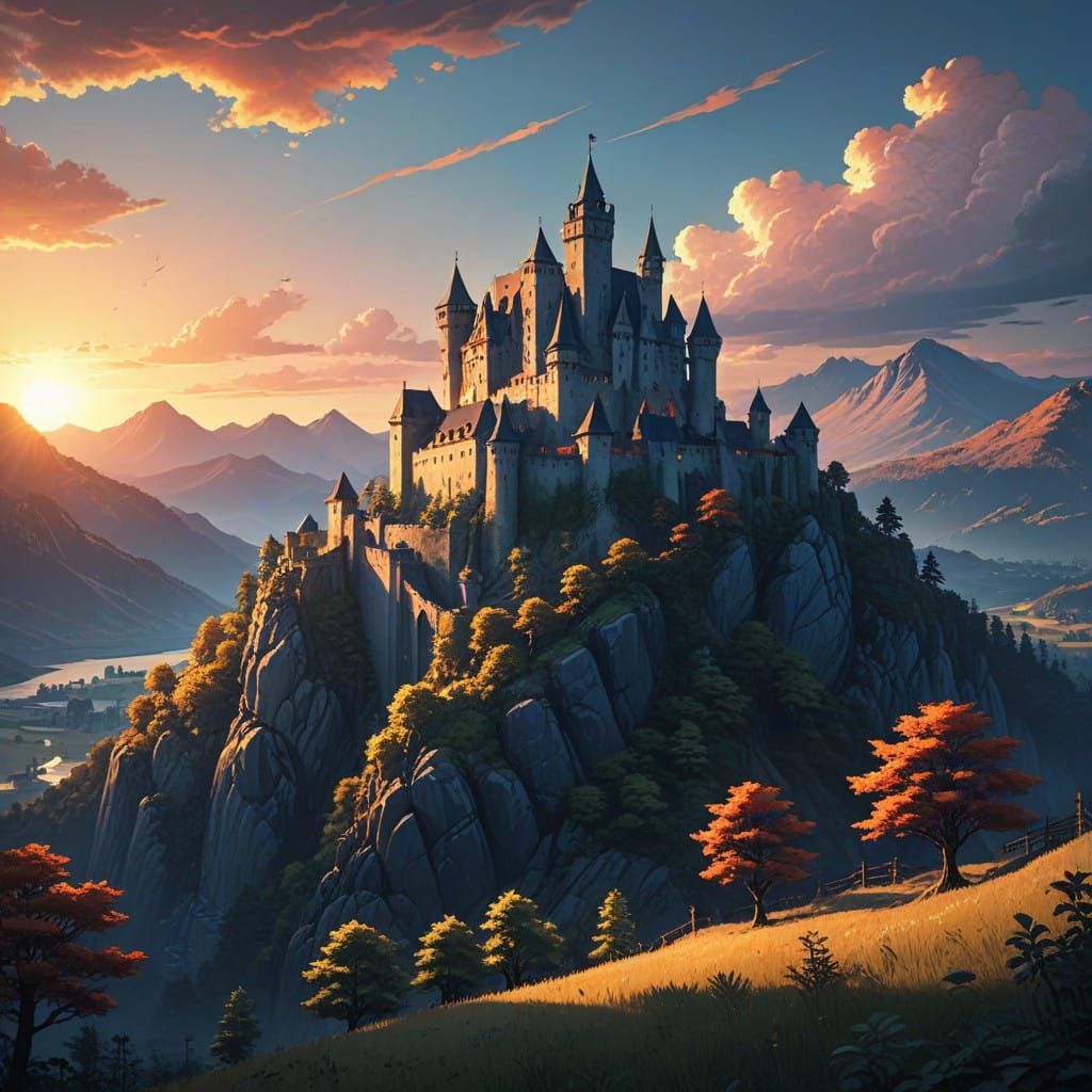 Epic Medieval Castle Amidst Sunset Landscape