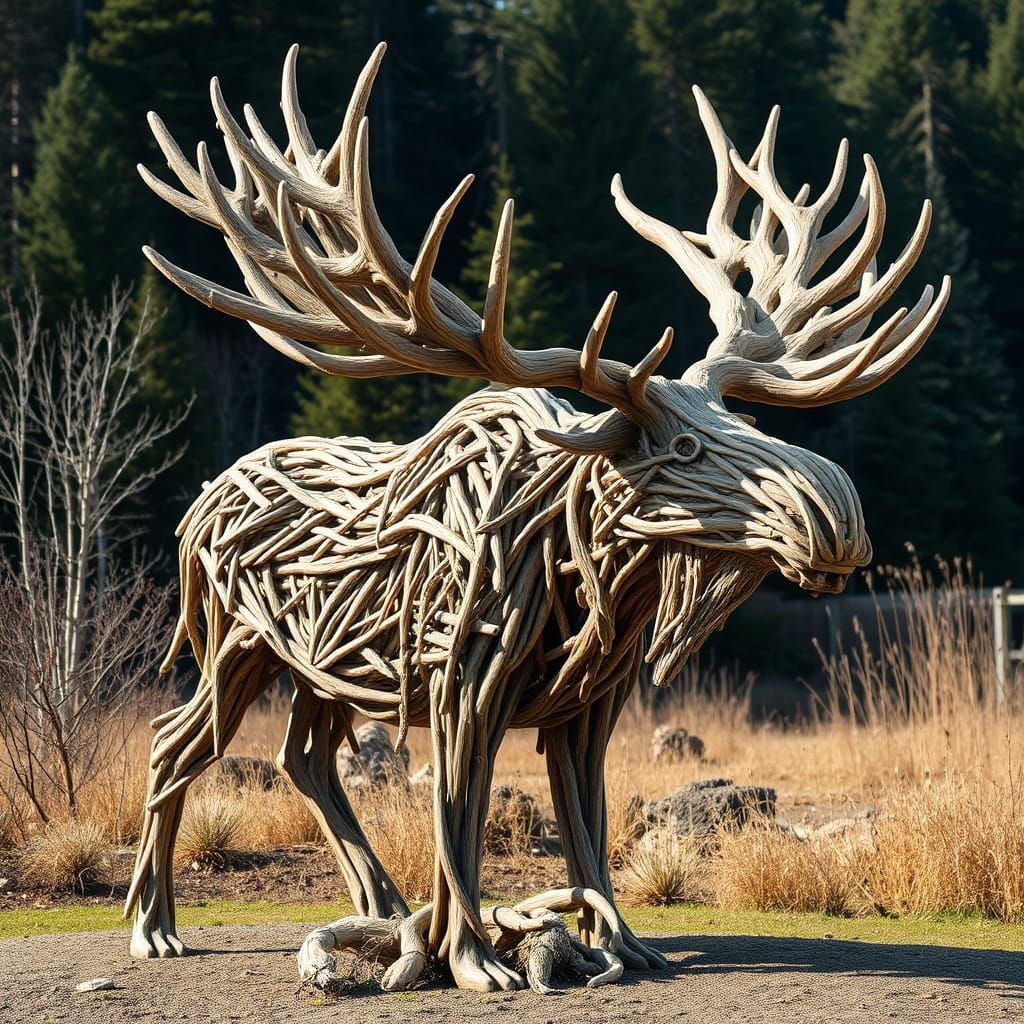 Driftwood Moose Sculpture in Land Art Style