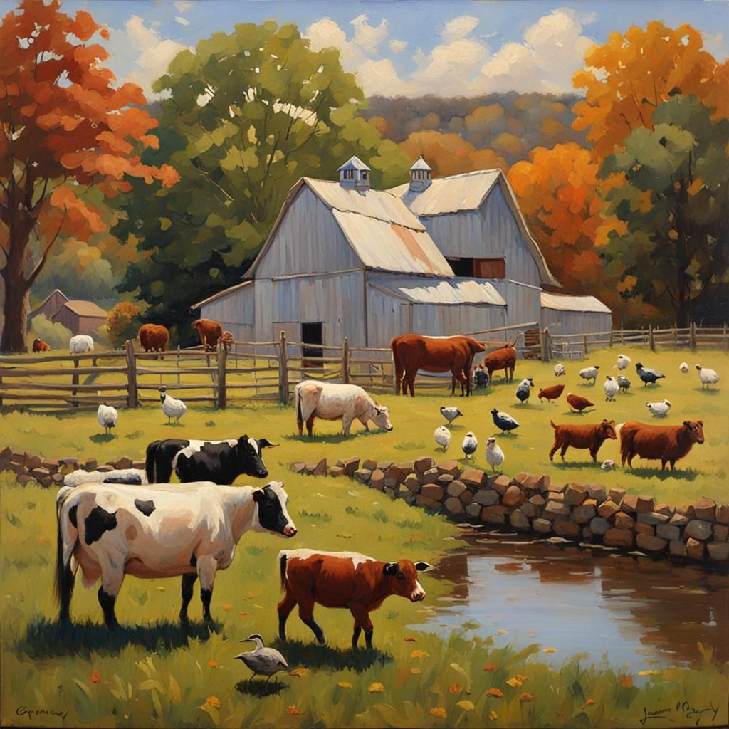 Idyllic Farm Scene in Oil Paint Style