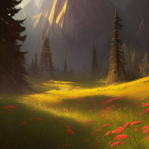 Lush Flower Meadow and Pine Forest in Sunlight