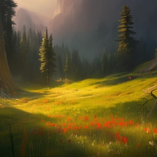 Lush Flower Meadow and Forest in Sunlight