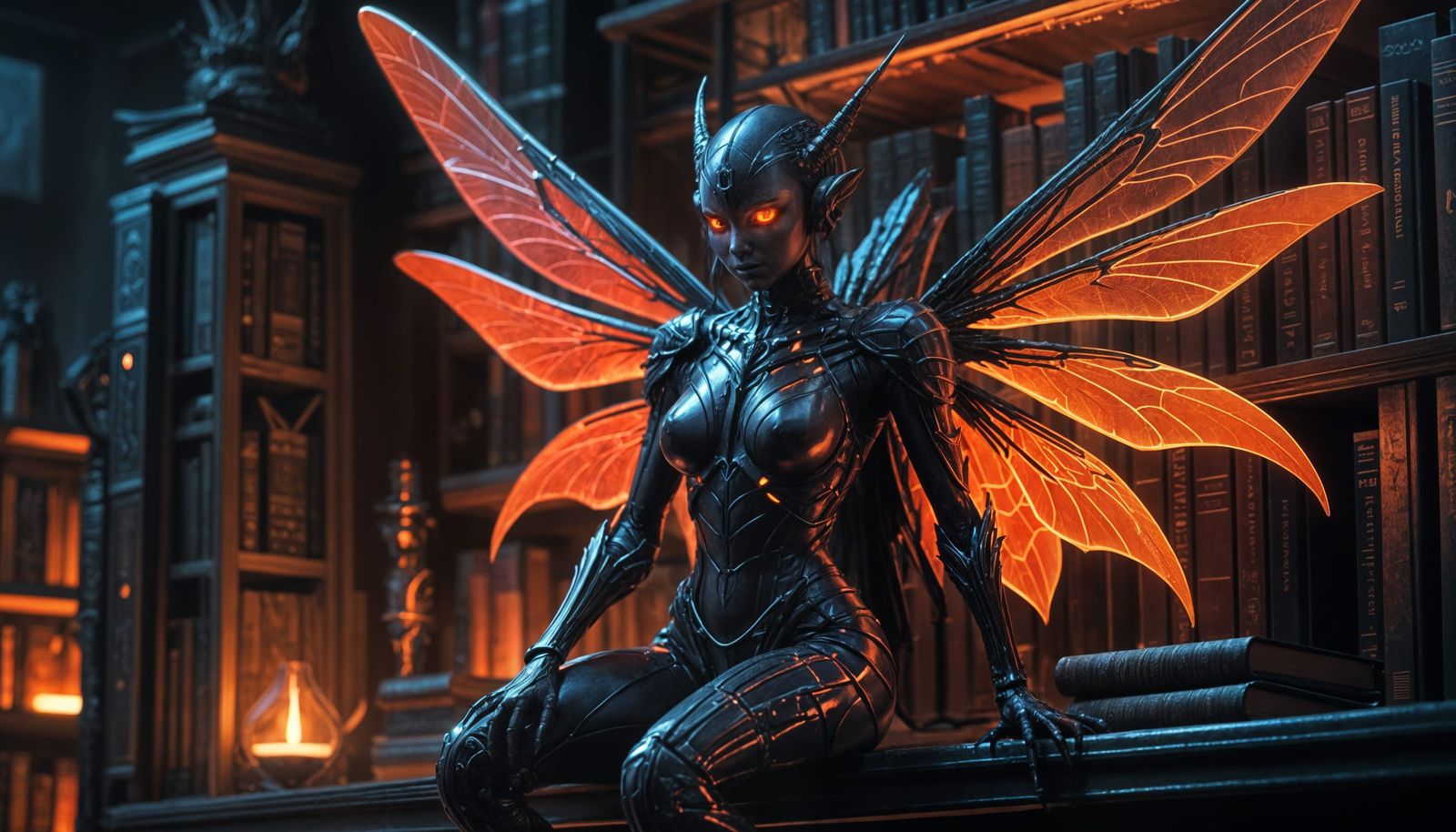 Demonic Fairy in Wizard's Library: Cell-Shaded Style