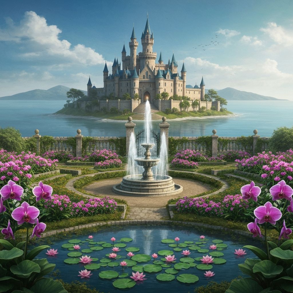 Majestic Island Castle with Fountain and Orchid Garden