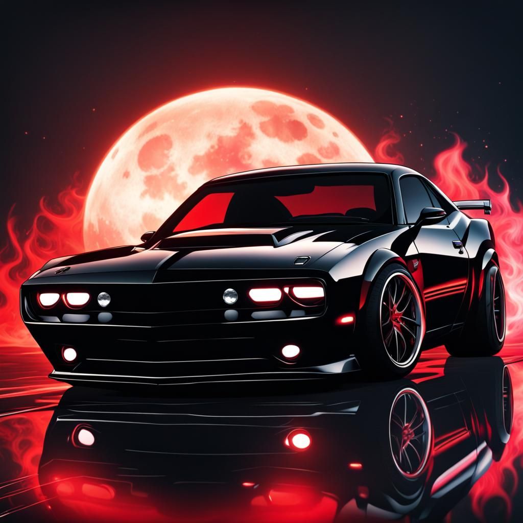Anime Style Black Muscle Car with Red Moon