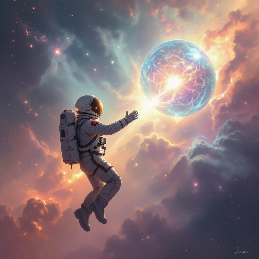 Astronaut Reaches Celestial Being in Ethereal Nebula