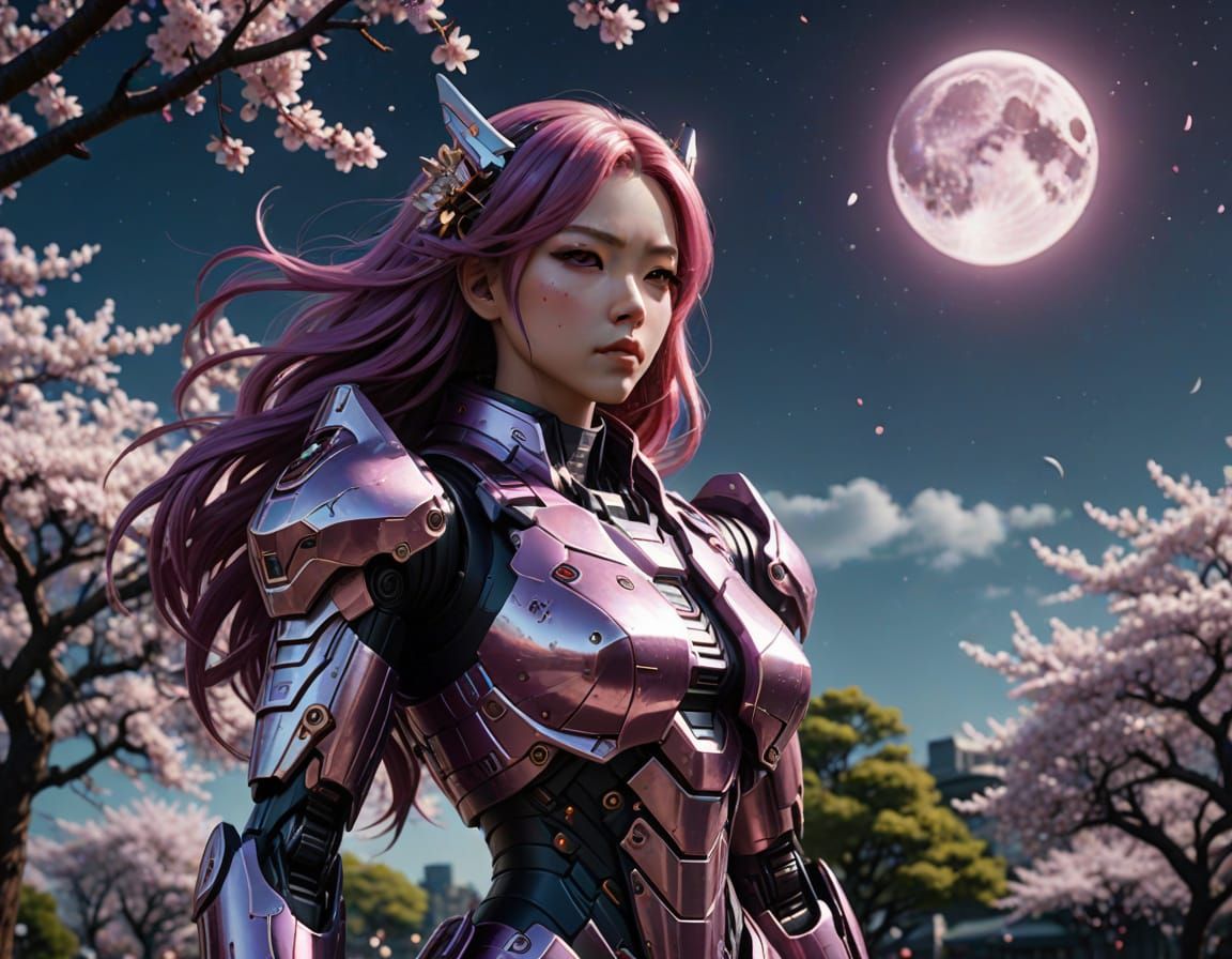 Anime Girl in Mech Style with Cherry Blossoms