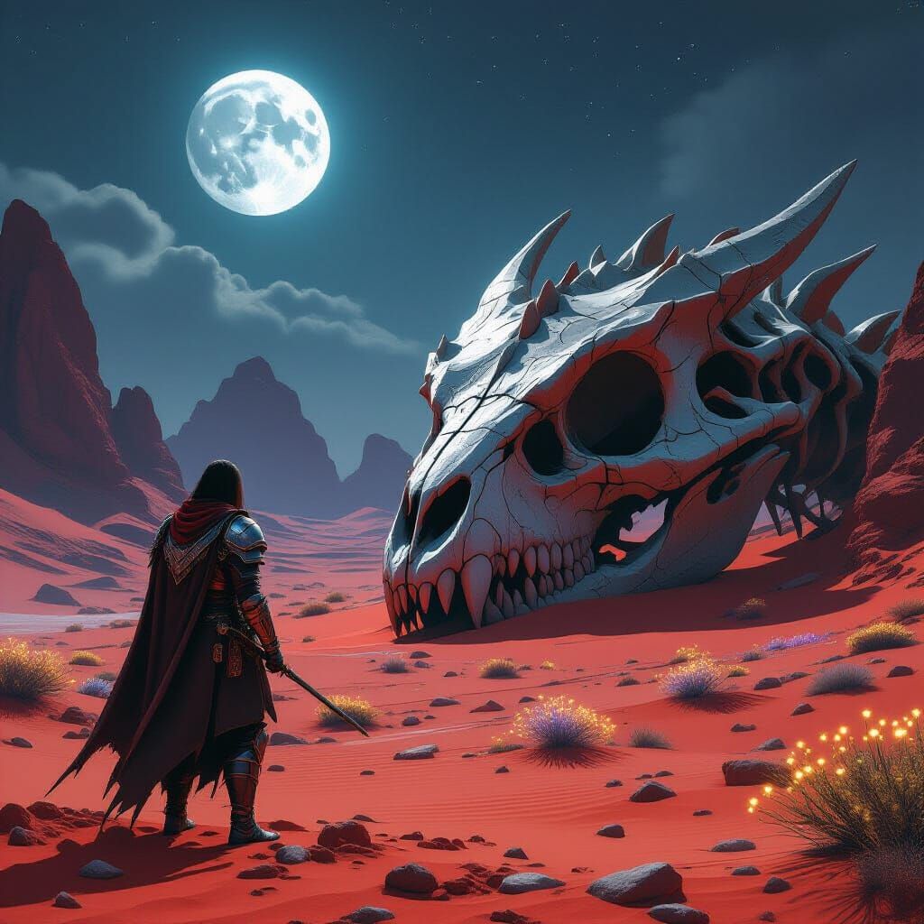 Warrior Gazes at Dragon Skull on Alien Planet