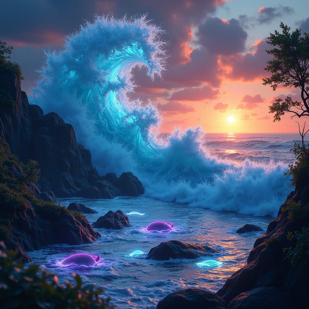 Bioluminescent Wave Crashing at Sunset, Digital Concept Art