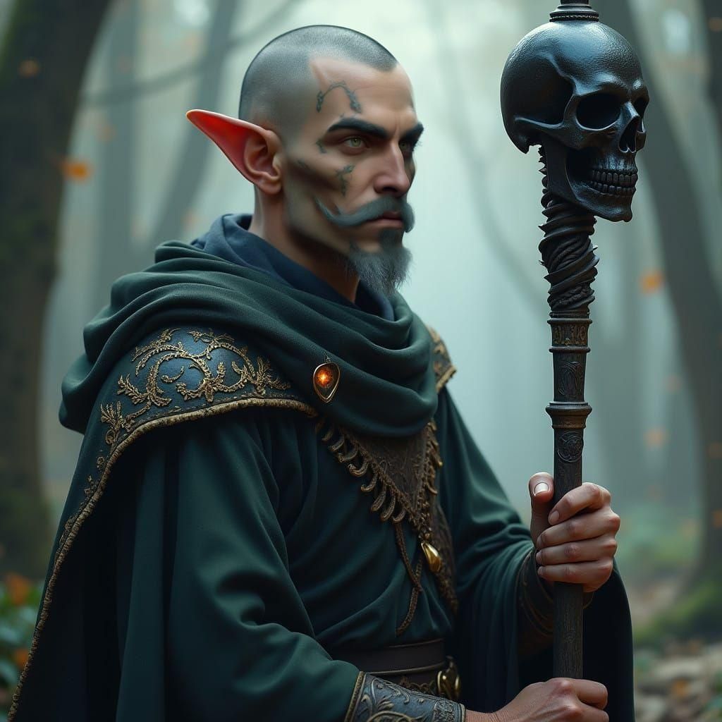 Elegant Elf Warrior with Black Skull Staff in a Fantasy Real...