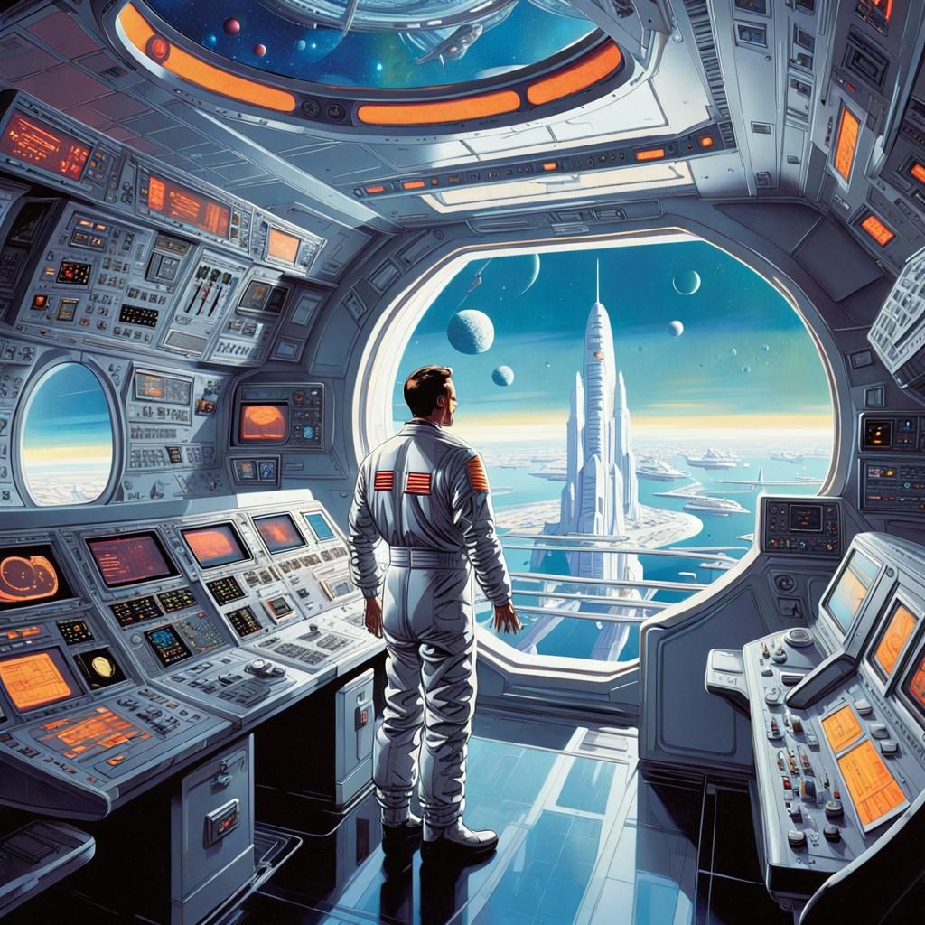 Retro-Futuristic Space Station Control Room in Hyper-Realist...