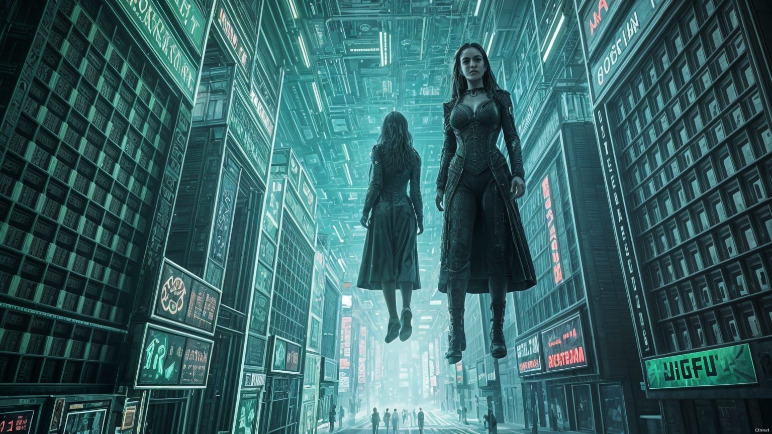 Cyberpunk Woman Surrounded by Holographic Fractals in a Dyst...